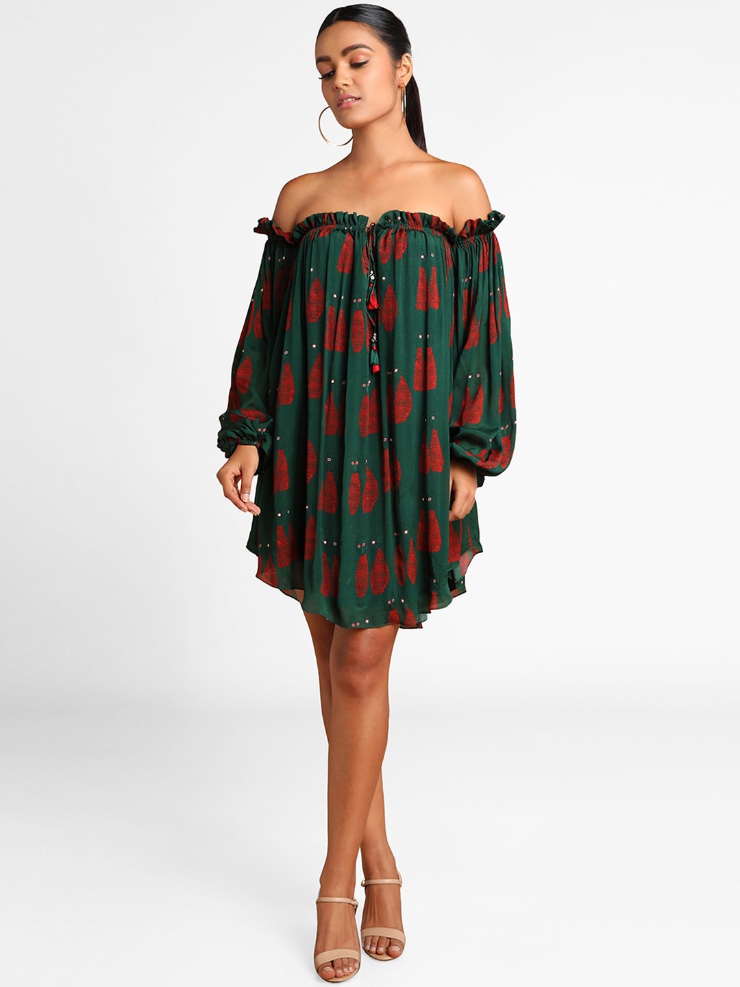 

Masaba Women Green & Red Printed A-Line Off Shoulder Dress