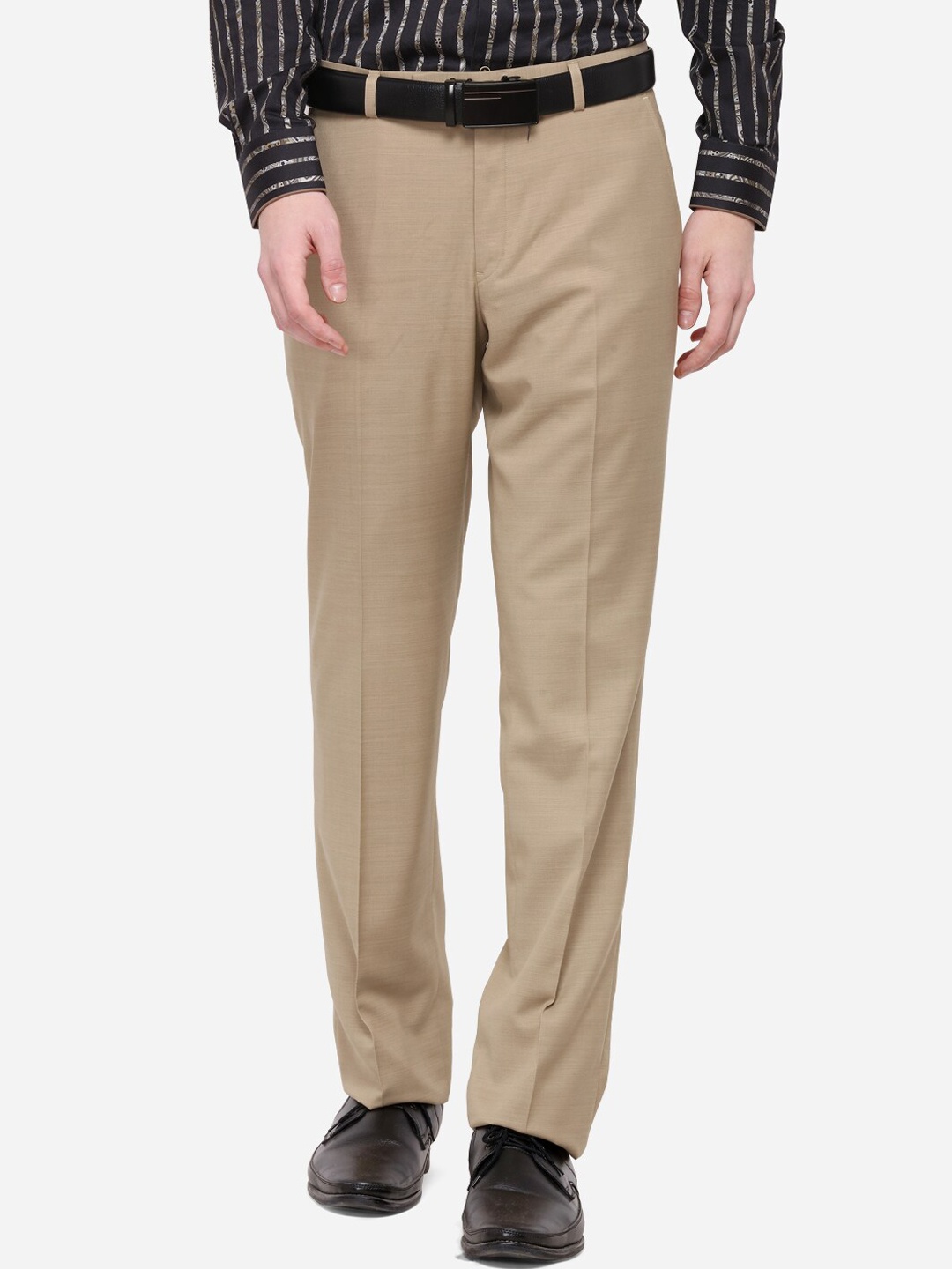 JADE BLUE Men Khaki Regular Fit Solid Formal Trousers