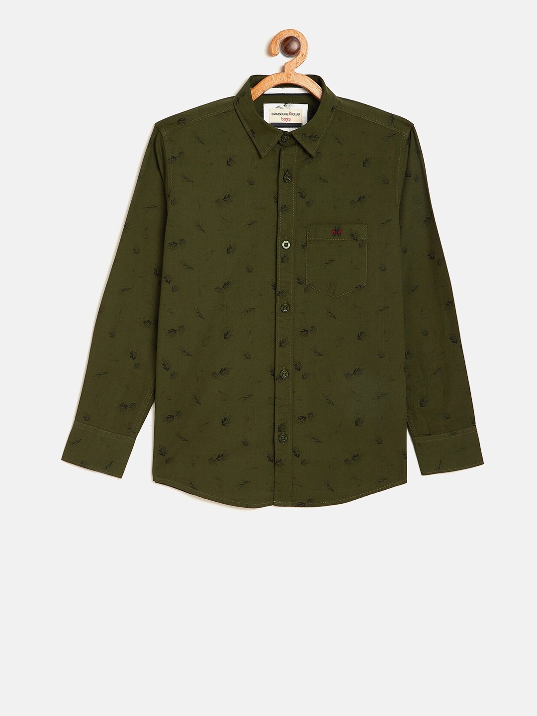 Crimsoune Club Boys Olive Green Slim Fit Printed Casual Shirt