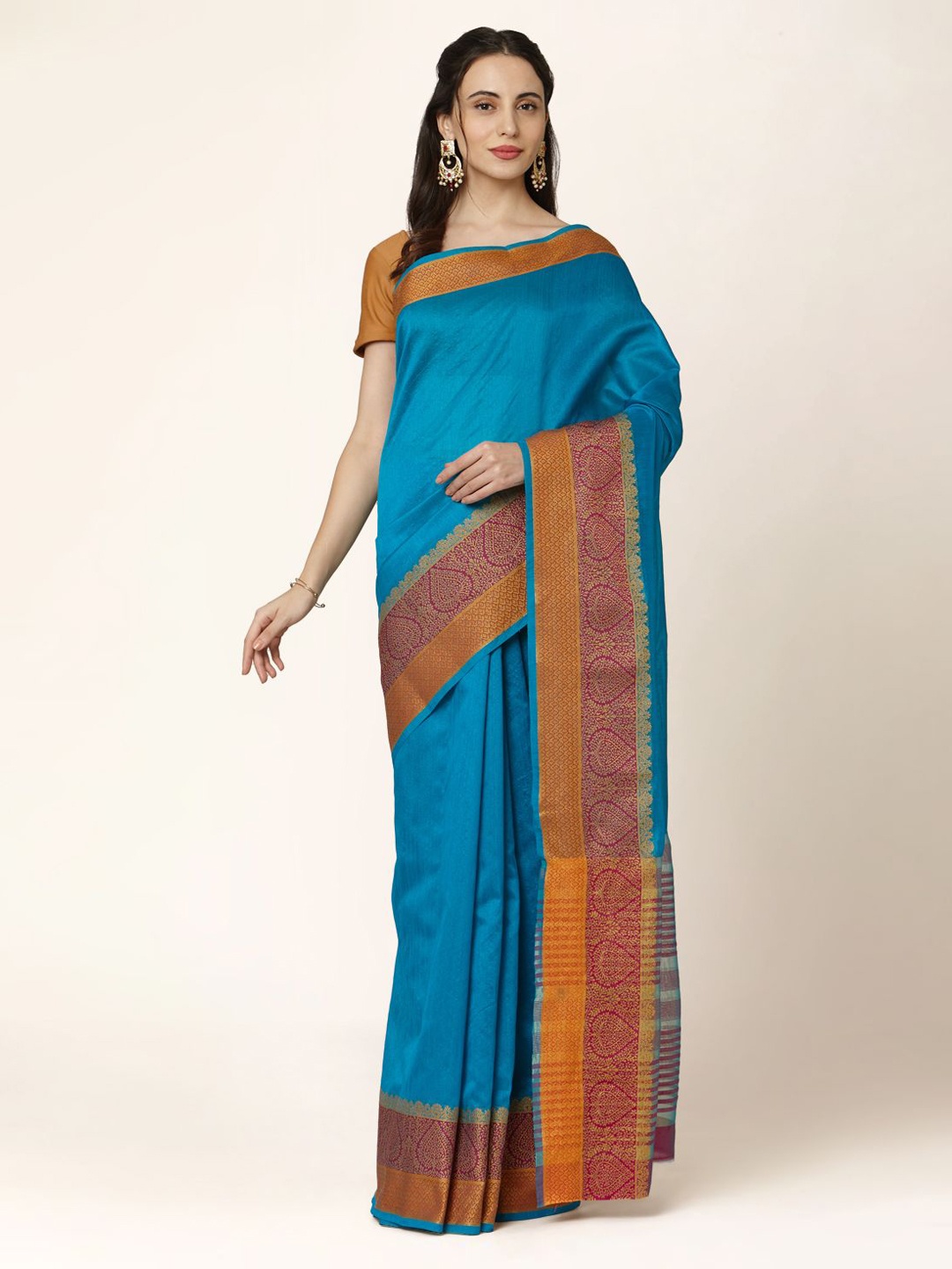 

Mitera Blue & Pink Silk Blend Solid Saree