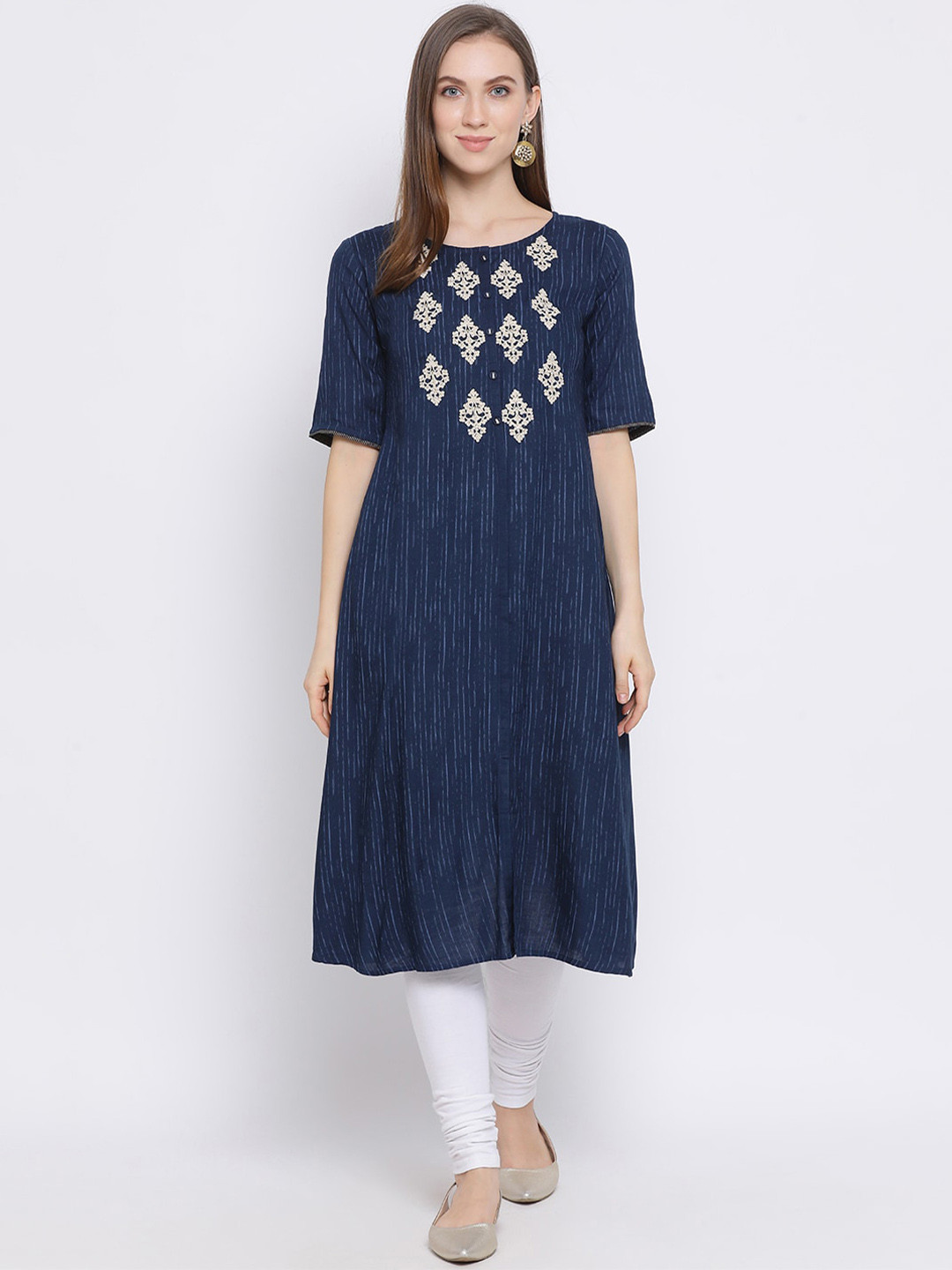 

Span Women Navy Blue Woven Design A-Line Kurta