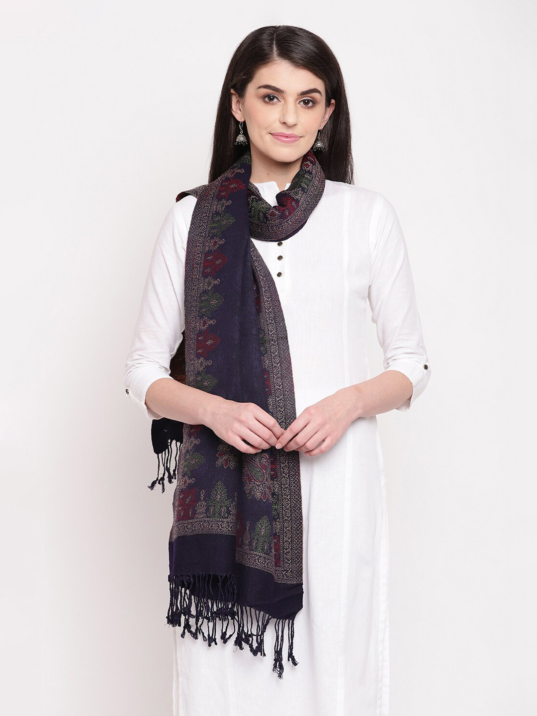 

HK colours of fashion Women Navy Blue Woven Design Stole with Tasselled Border