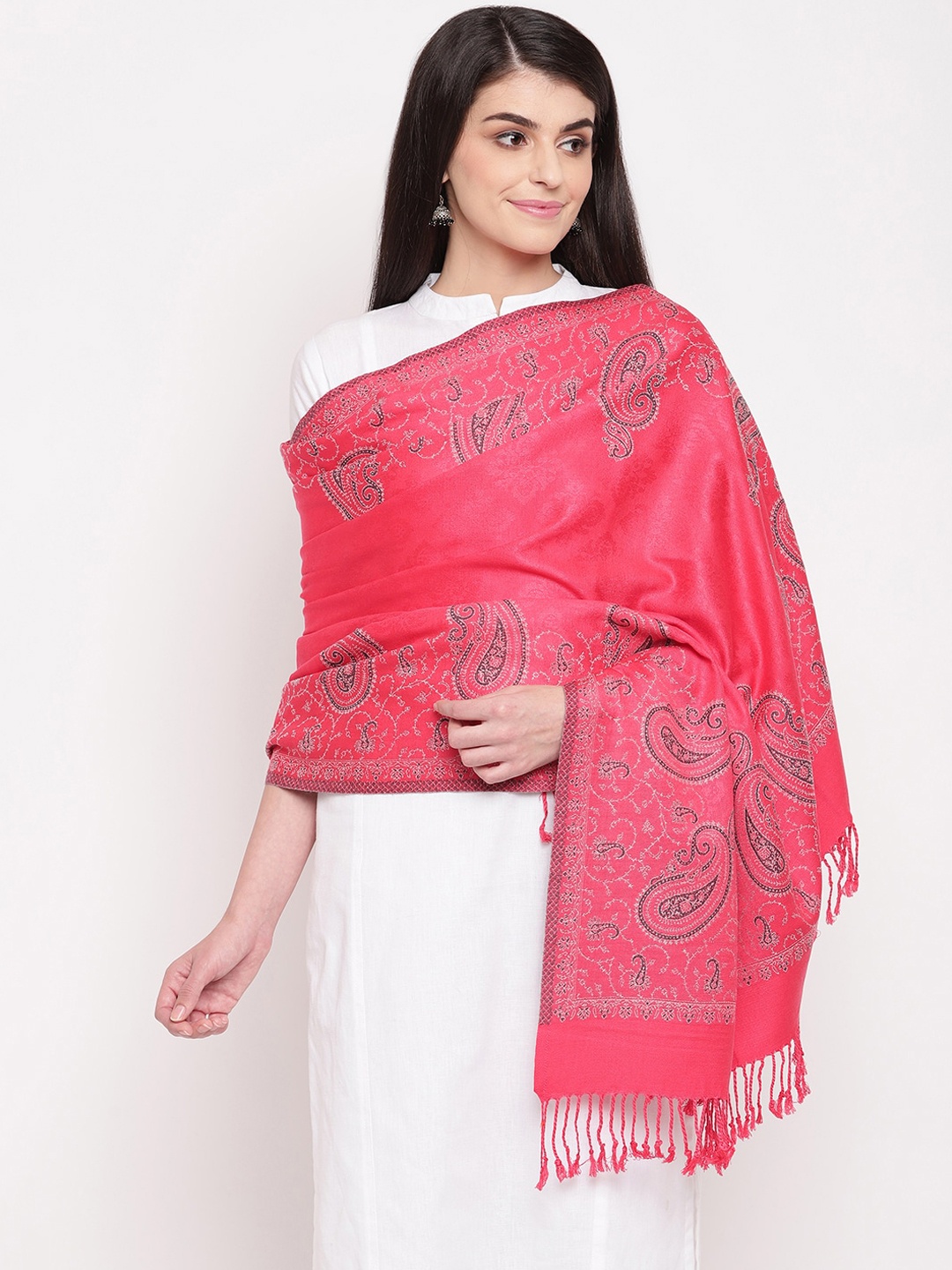HK colours of fashion Women Coral Pink Paisley Embroidered Shawl