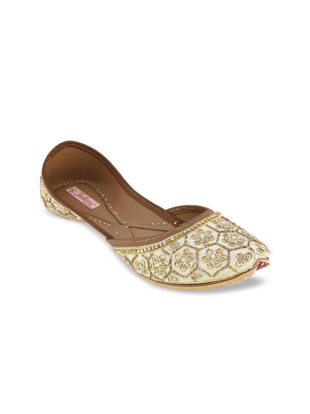 

Fulkari Women Beige Embellished Genuine Leather Mojaris