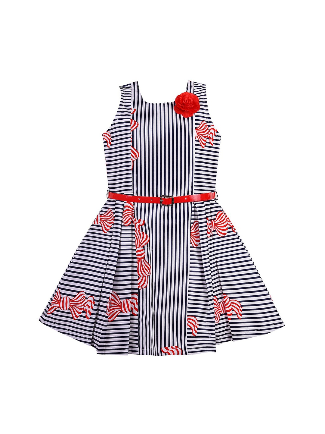 

Wish Karo Girls White & Black Striped Fit and Flare Dress