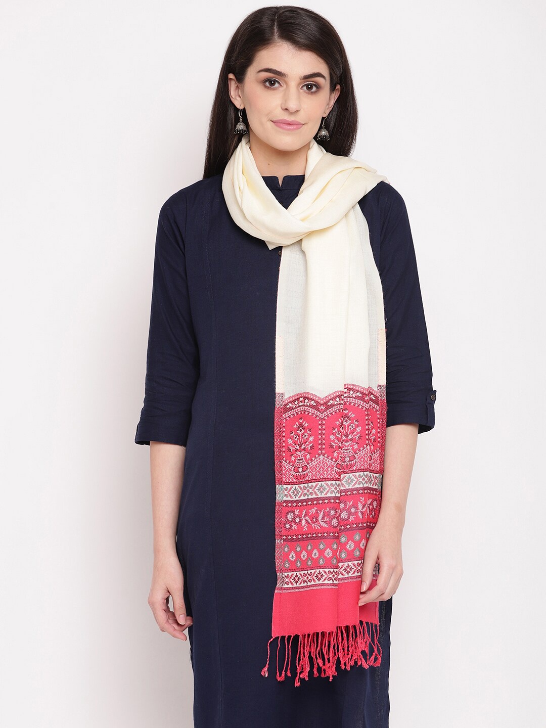 

HK colours of fashion Women White & Red Woven Design Stole with Tasselled Border