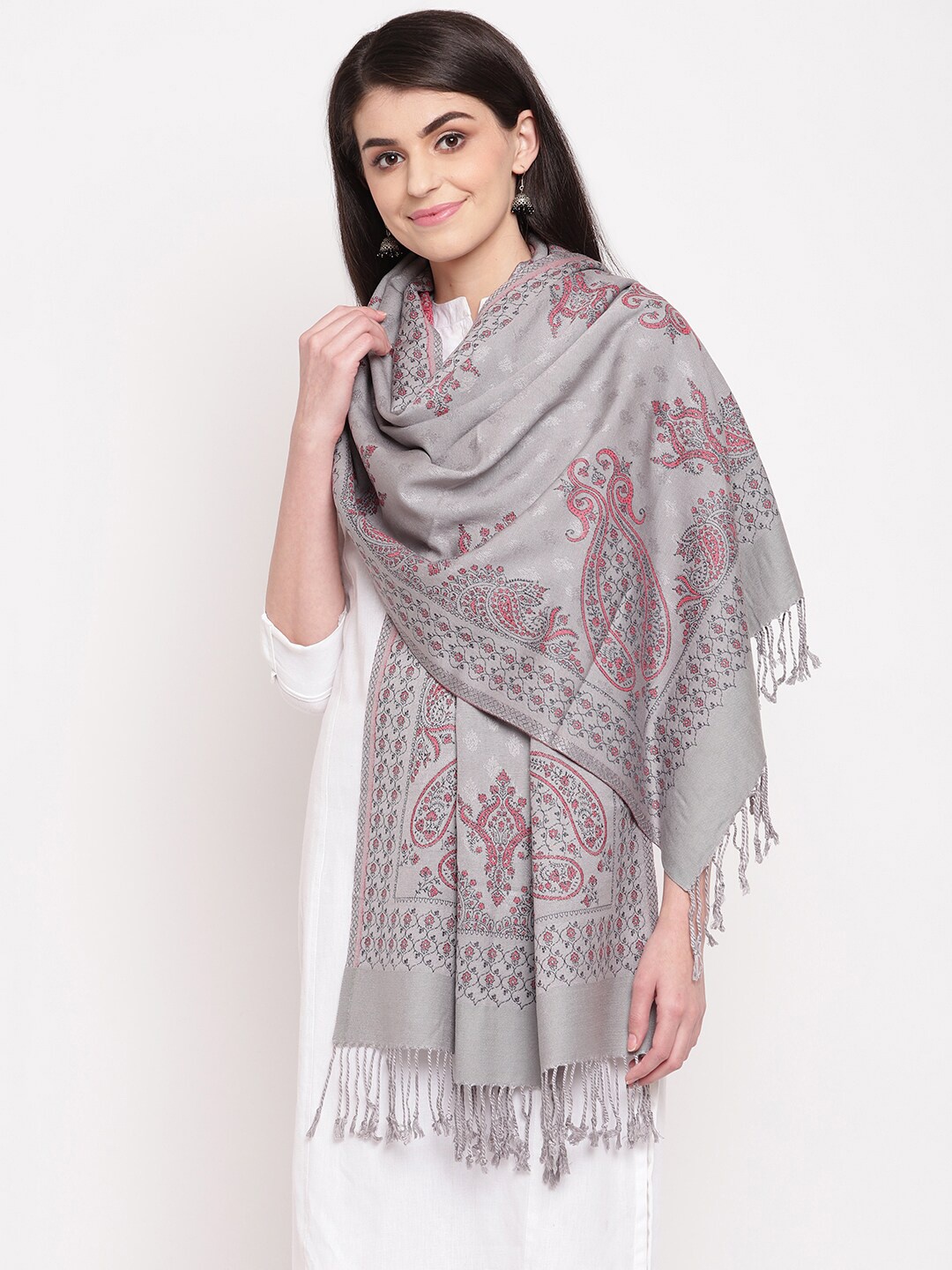 

HK colours of fashion Women Grey & Pink Woven Design Stole with Tasselled Border