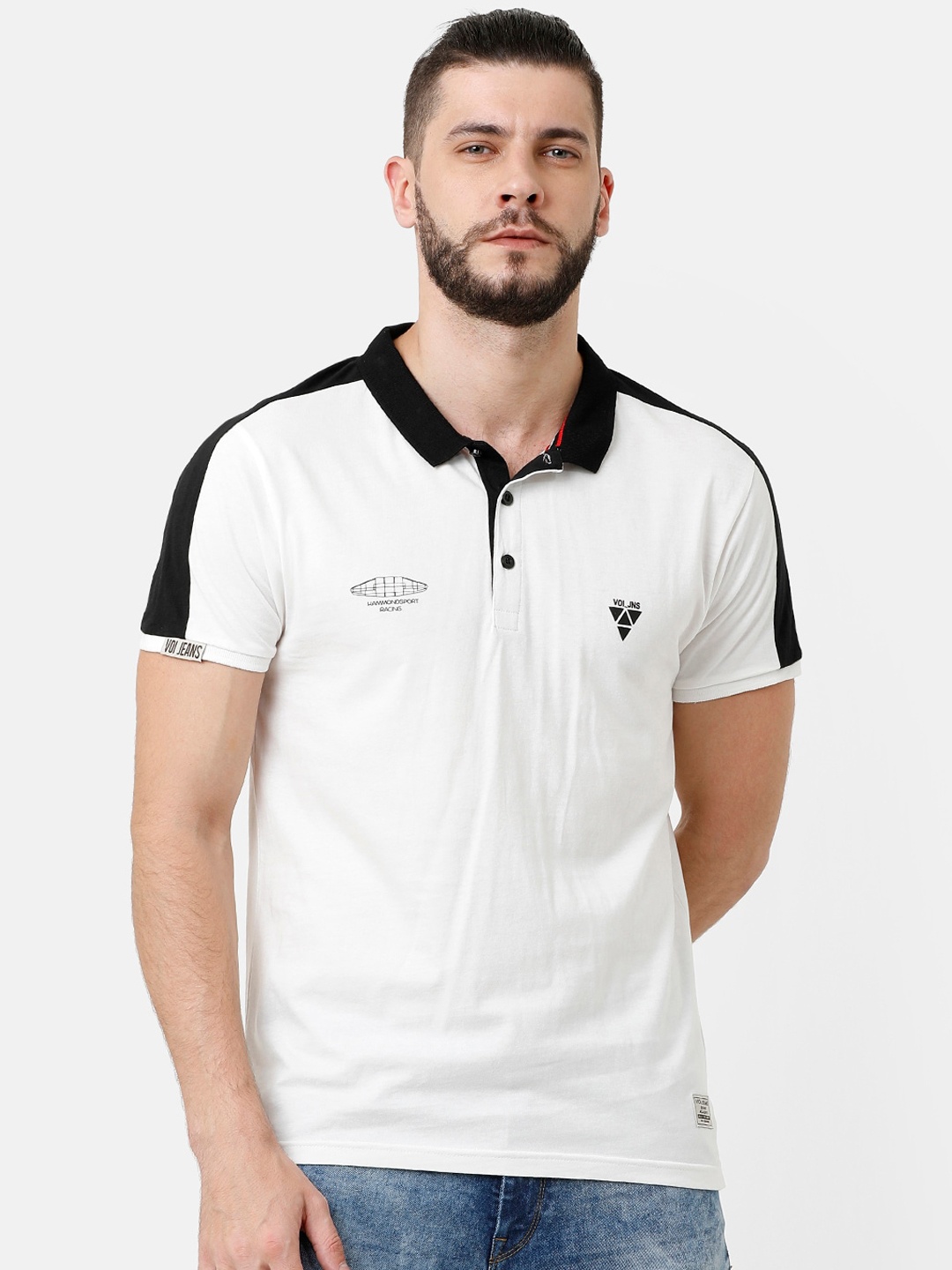 

Voi Jeans Men White Solid Polo Collar T-shirt with Side Stripes
