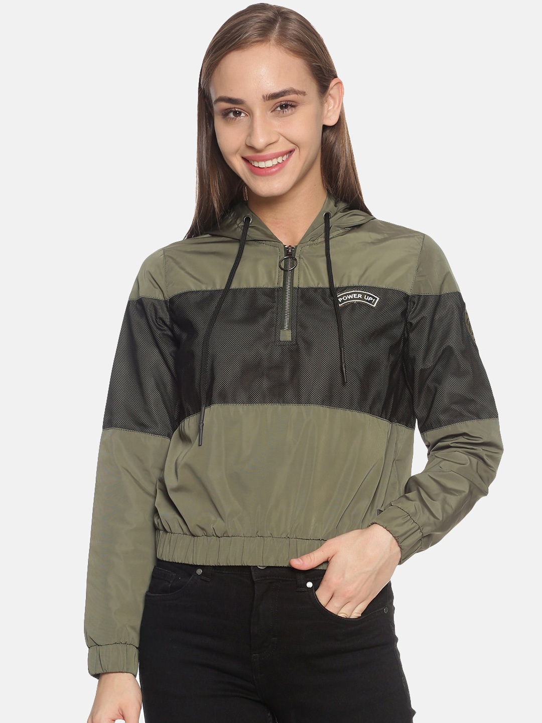 

Campus Sutra Women Olive Green Colourblocked Windcheater Bomber