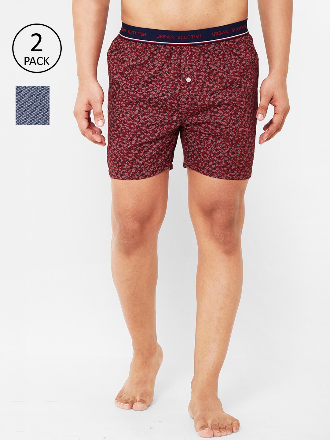 

URBAN SCOTTISH Men Pack of 2 Printed Pure Cotton Boxers, Red