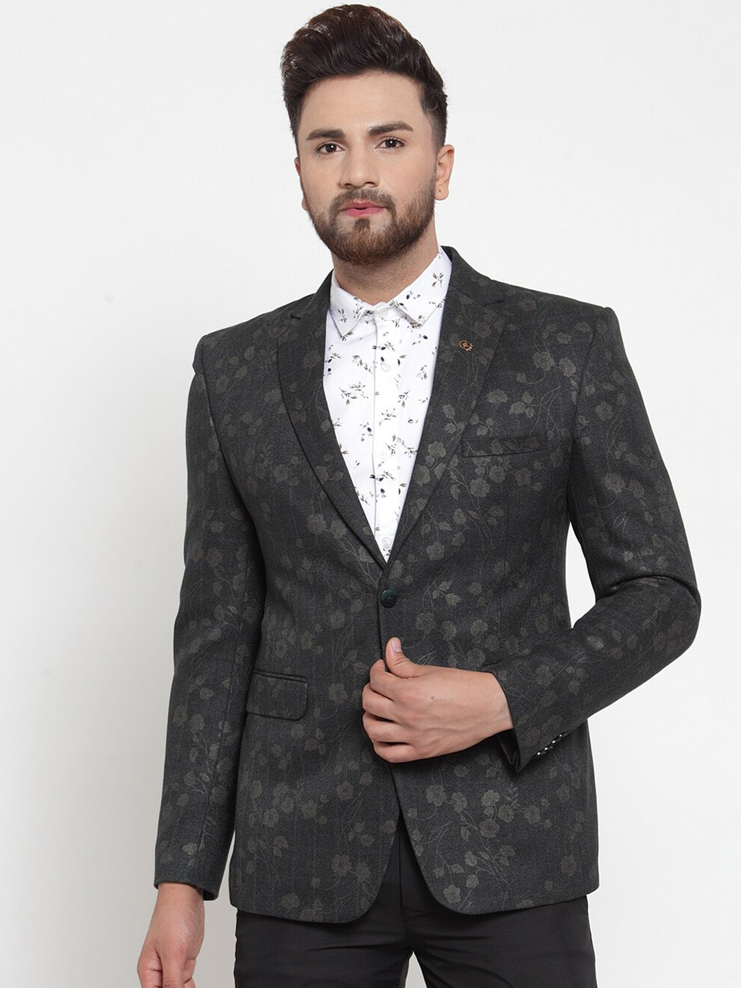

MAXENCE Men Grey & Green Foil Printed Slim-Fit Single-Breasted Party Blazer