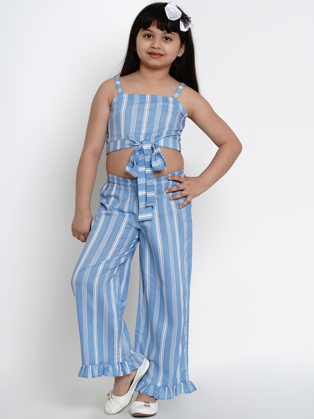 

Bitiya by Bhama Girls Blue & White Striped Co-Ord Set With Waist Tie-Ups