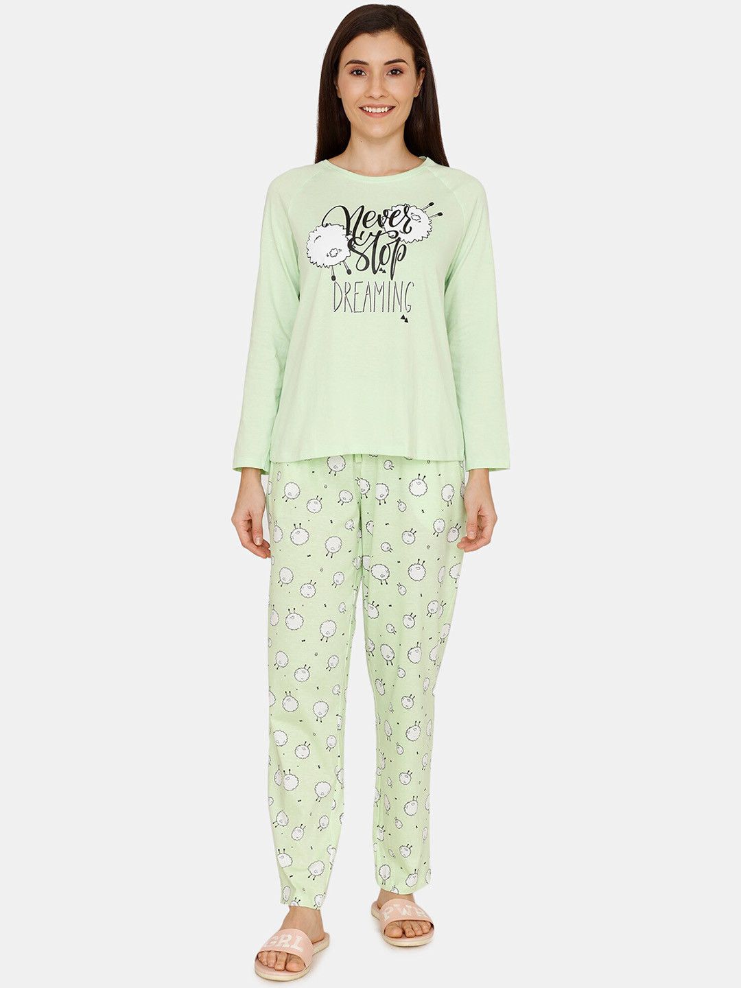 

Zivame Women Green & White Printed Night Suit
