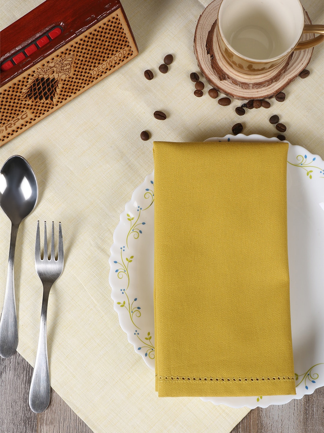 

Home Ecstasy Set Of 6 Mustard Yellow Solid Picot Stich Table Napkins, Gold