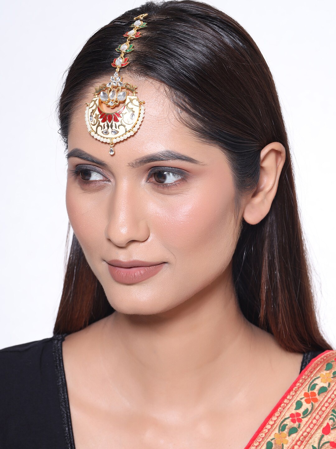 

Voylla Gold-Plated Beige & White Stone-Studded Enamelled Sangemarmar Floral Motifs Maang Tikka