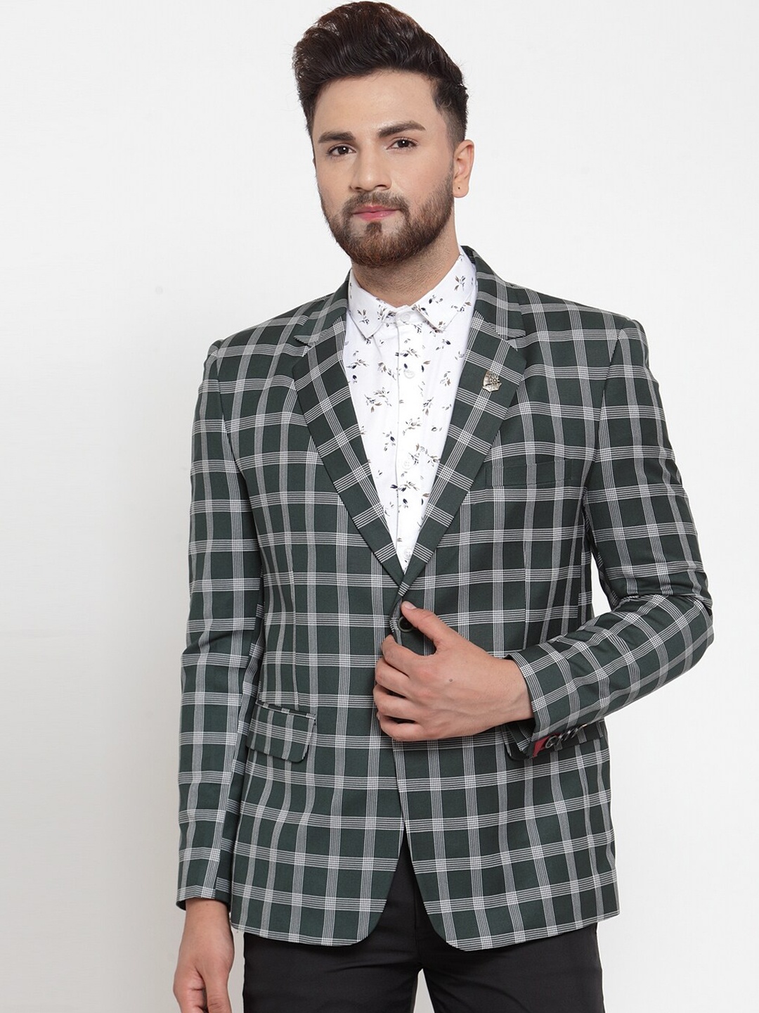 

MAXENCE Men Green & White Checked Slim-Fit Single-Breasted Formal Designer Blazer