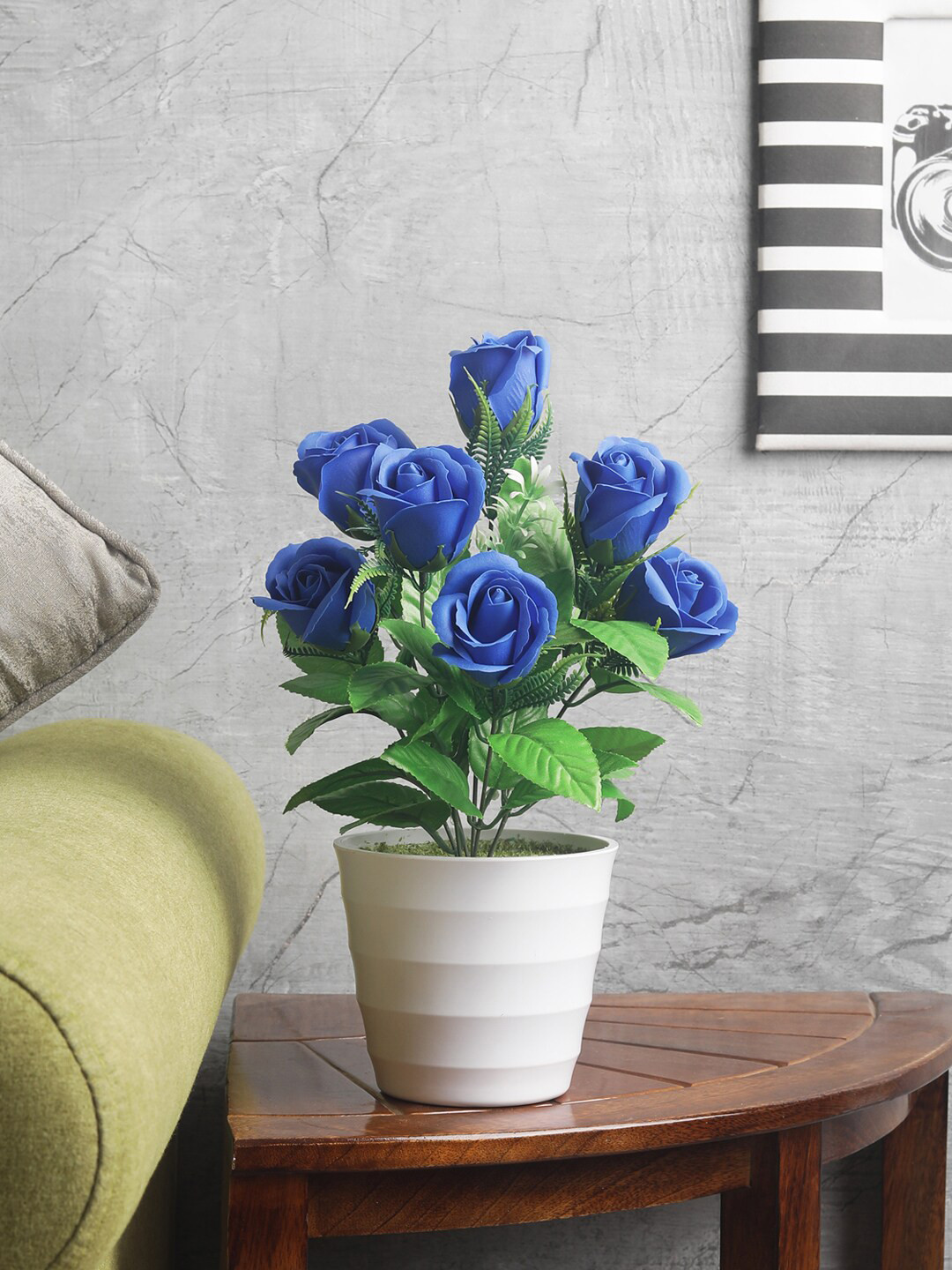 

FOLIYAJ Green & Blue Artifical Rose Flower Plant With White Pot