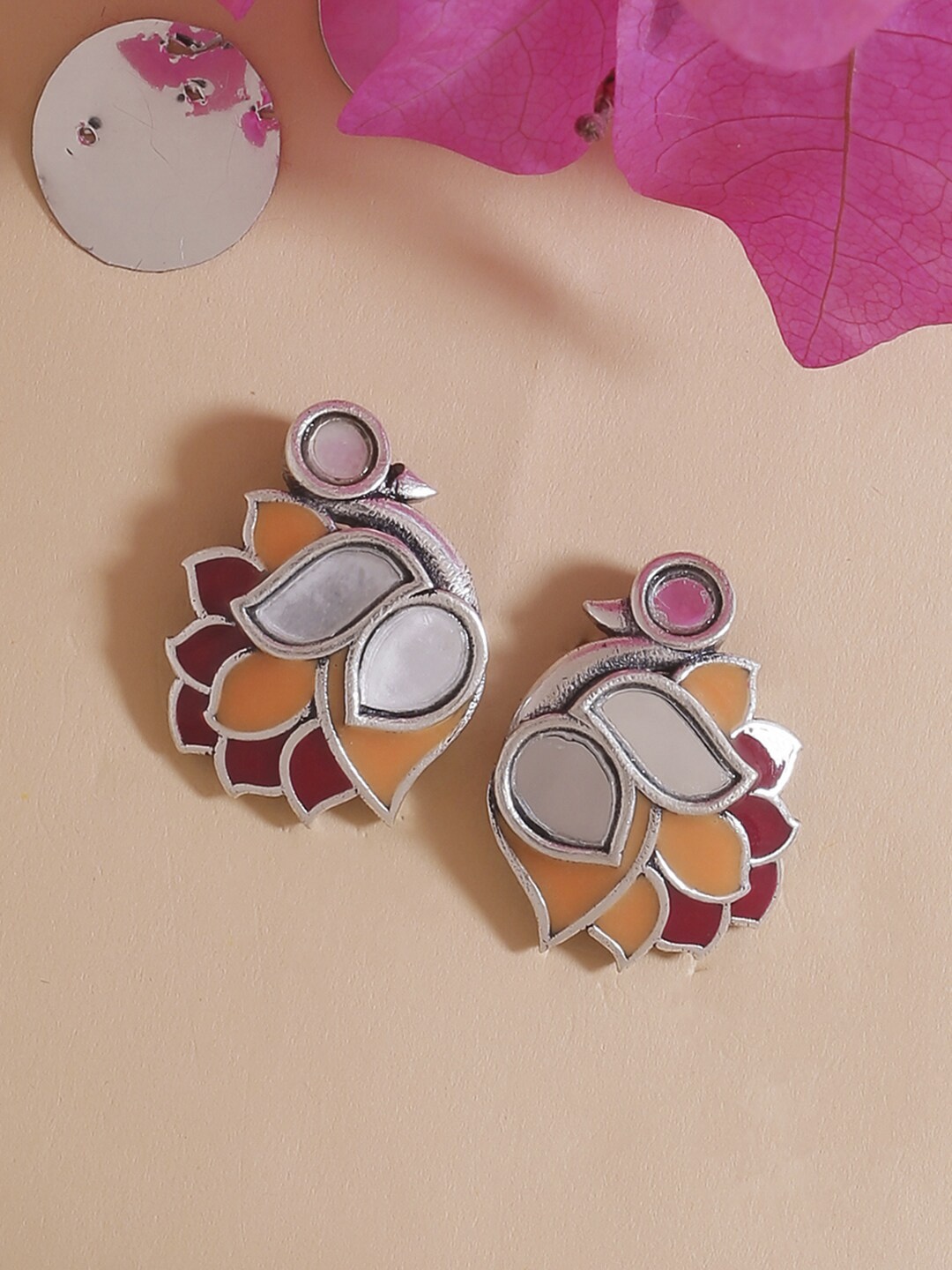

Voylla Pink & Orange Silver-Plated Oxidised Geometric Studs