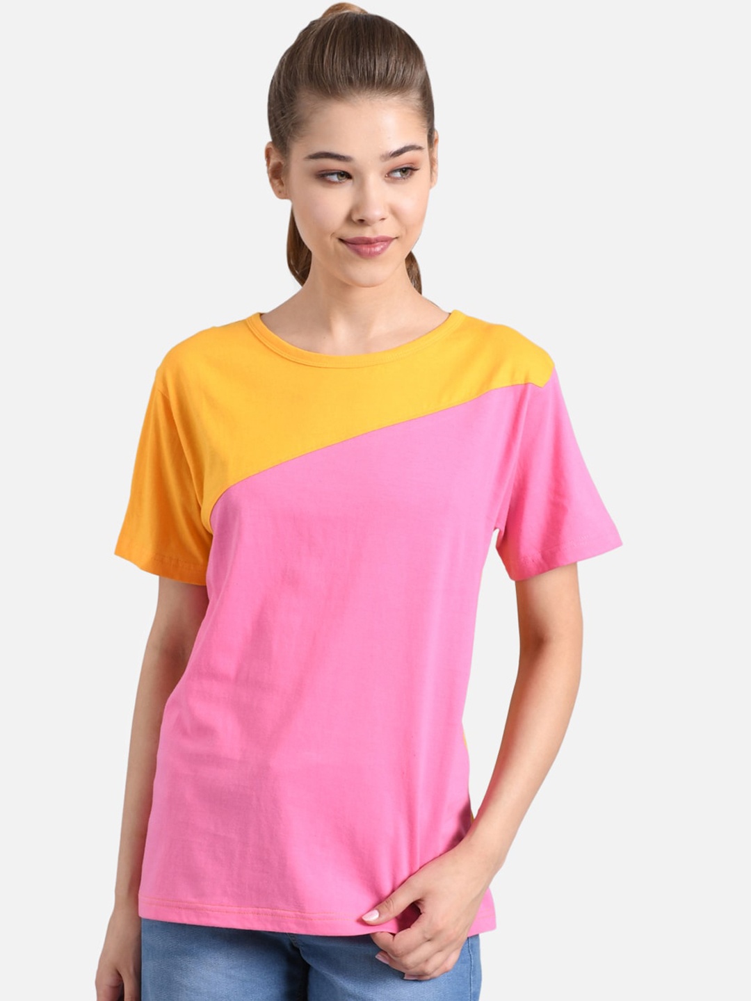 

Kotty Women Pink & Mustard Yellow Colourblocked Round Neck T-shirt