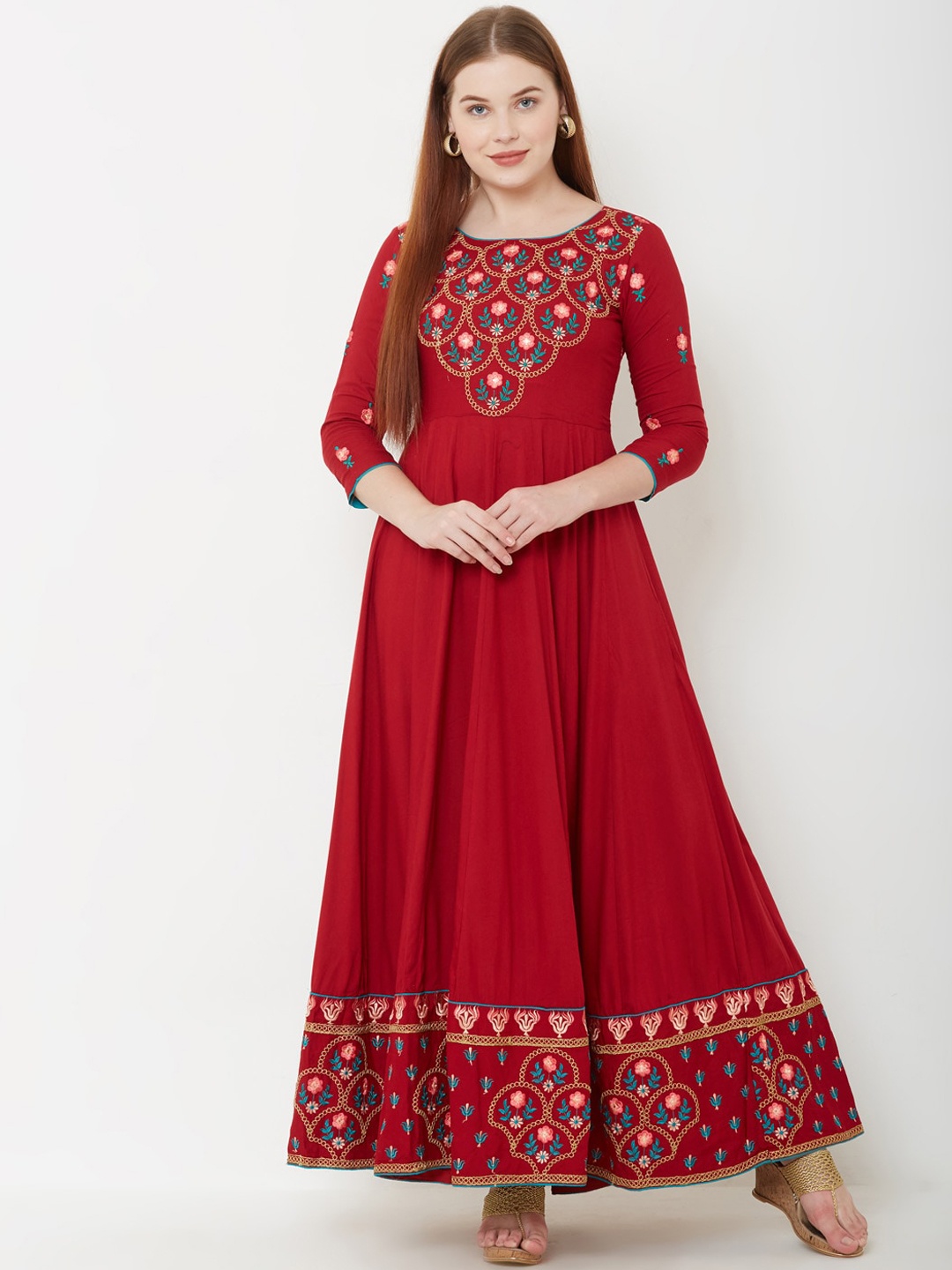 

FASHOR Women Red Floral Embroidered Maxi Dress