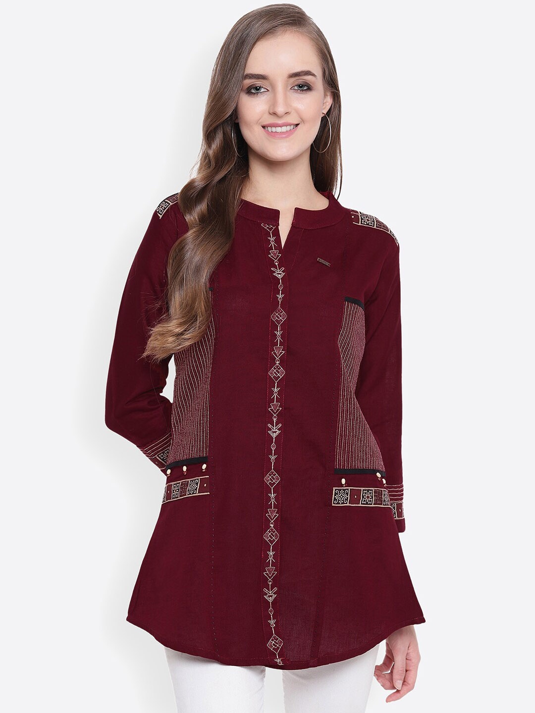 

Kvsfab Women Maroon & White Embroidered A-Line Kurti