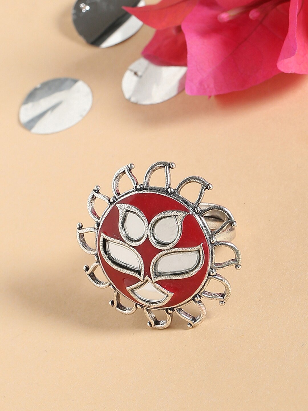 

Voylla Oxidized Silver-Plated & Red Thikri Floral Motif Statement Finger Ring
