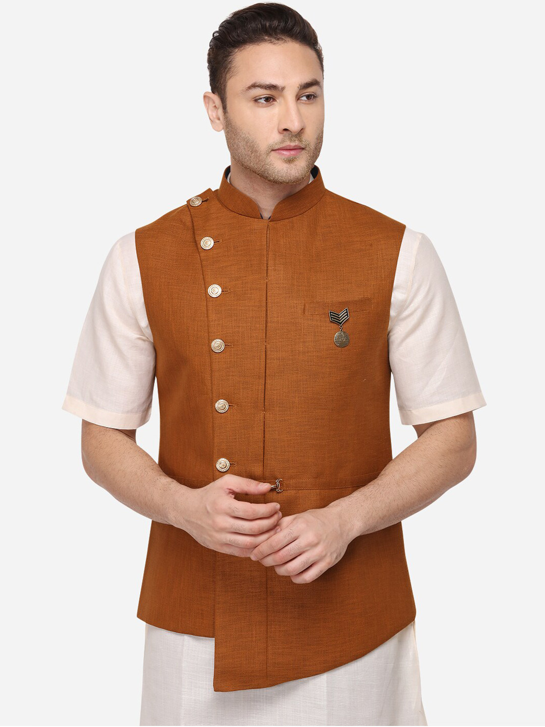 

JB STUDIO Men Brown Woven Design Corduroy Nehru Jacket