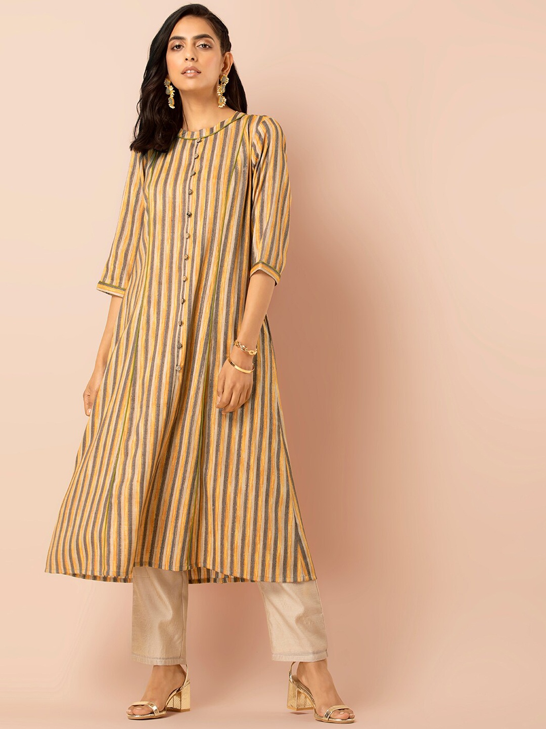 INDYA Mustard Striped A-Line Shirt Kurta with Side Pockets, Yellow