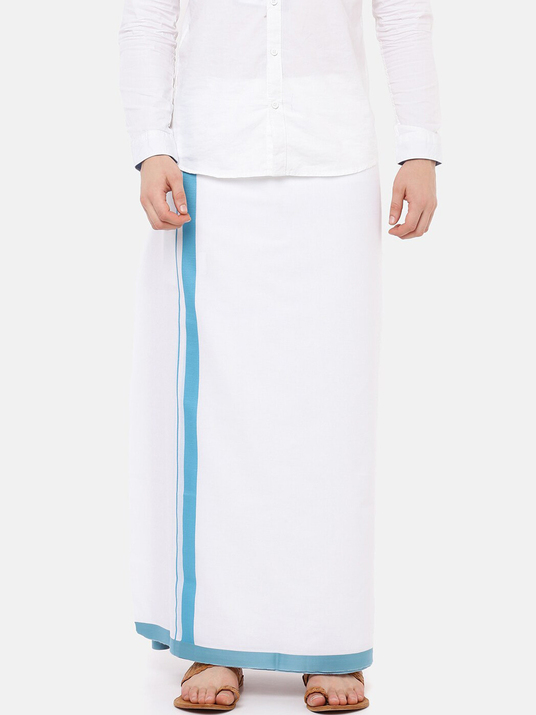 

Ramraj Men White Solid Wave Dhoti With Turquoise Blue Border
