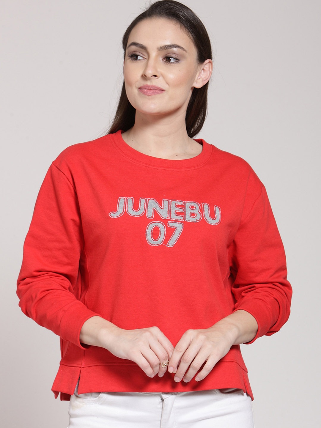 

plusS Women Red Solid Applique Pullover Sweatshirt