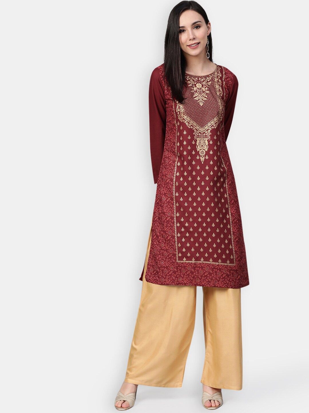 

Jompers Women Maroon & Gold-Toned Foil Printed Straight Kurta