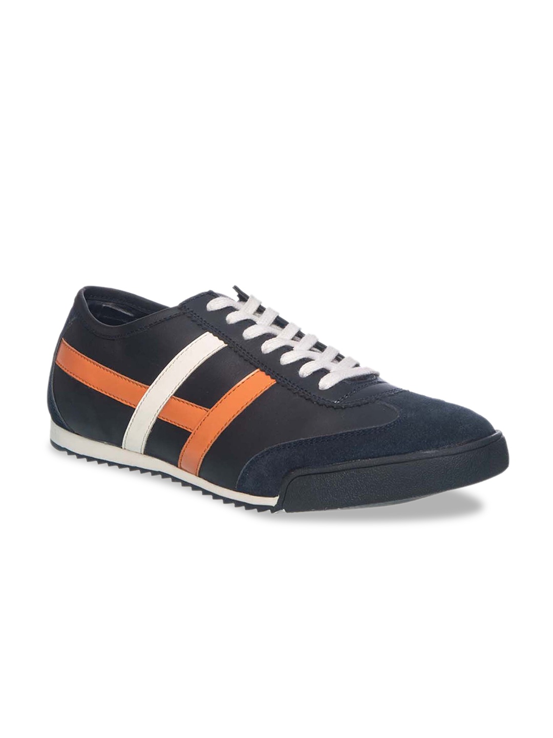 

Khadims Men Navy Blue & Orange Leather Striped Loafers