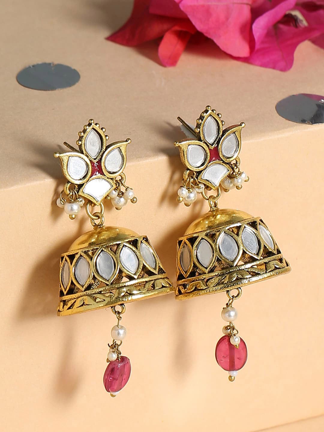 

Voylla Gold-Plated & White Dome Shaped Jhumkas