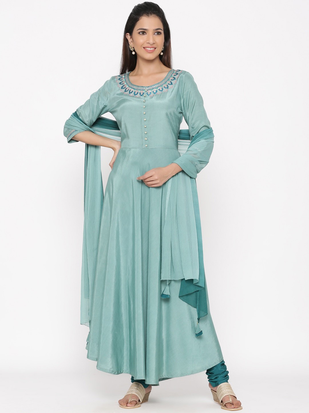

Jaipur Kurti Women Sea Green Embroidered Kurta with Churidar & Dupatta