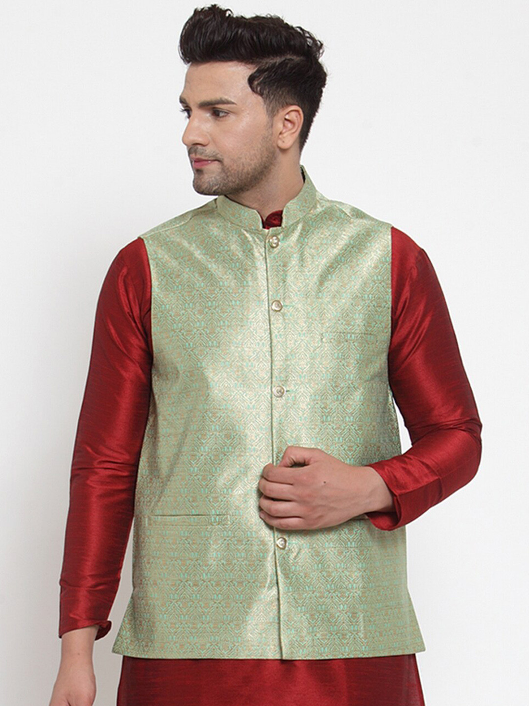 

Jompers Men Lime Green & Gold-Coloured Woven Design Nehru Jacket