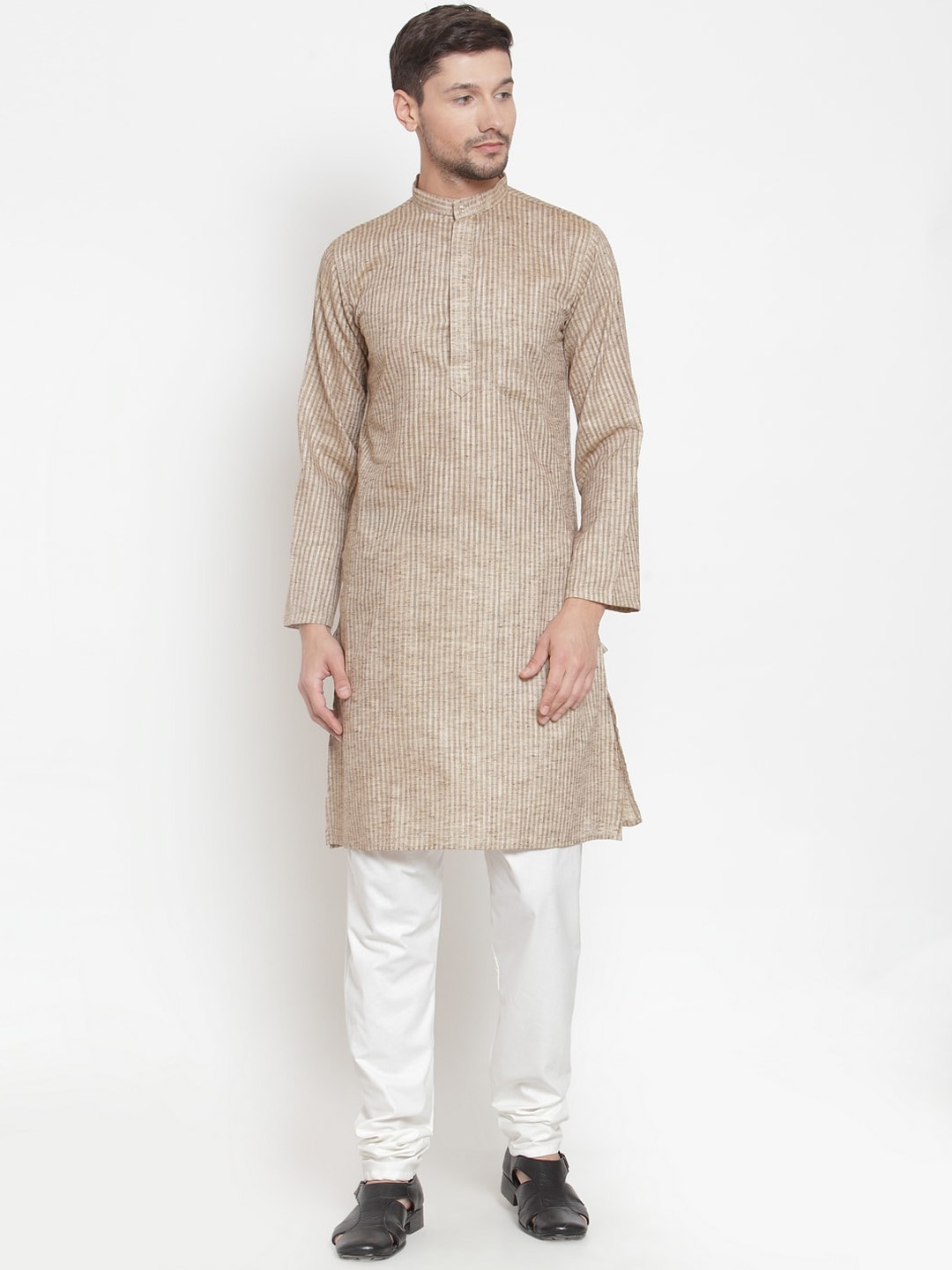 

KLOTTHE Men Brown & White Striped Kurta with Pyjamas