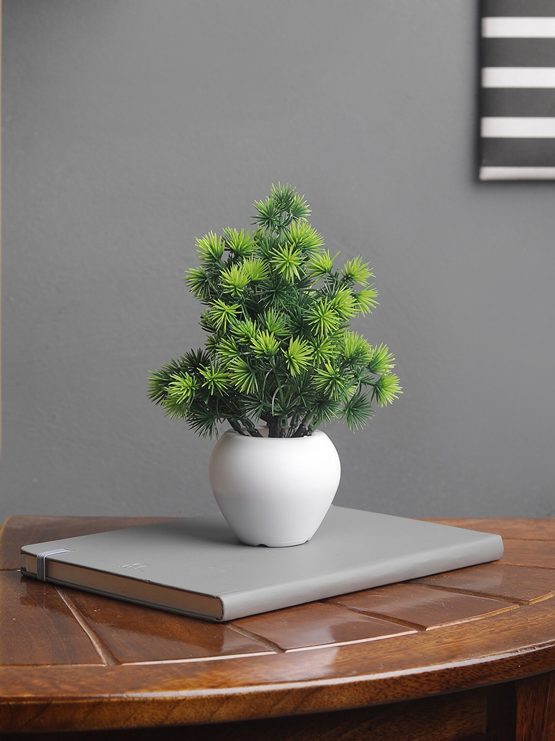 FOLIYAJ Green Artifical Mini Tree With Pine Leaves & White Pot