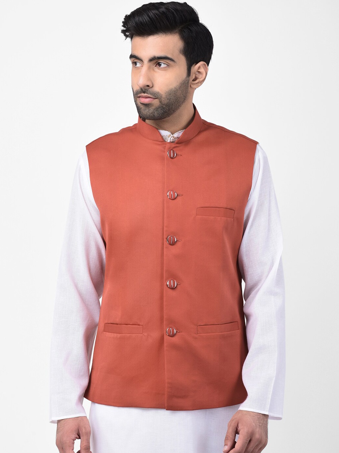 

SG LEMAN Men Orange Solid Satin Nehru Jacket