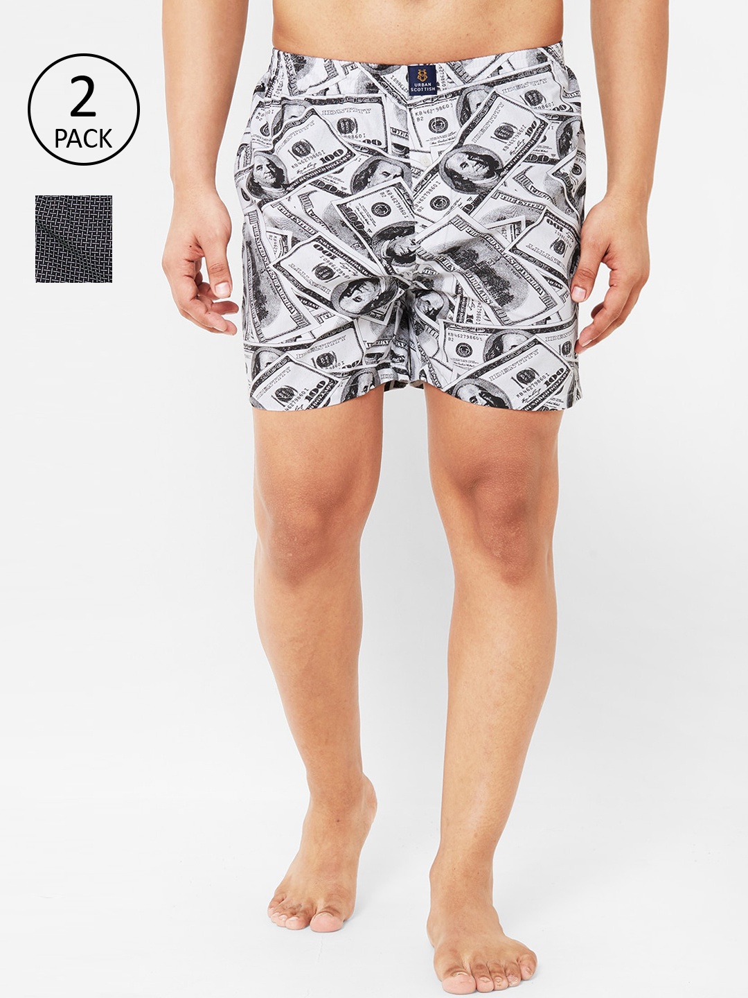 

URBAN SCOTTISH Men Pack of 2 Printed Pure Cotton Boxers, White
