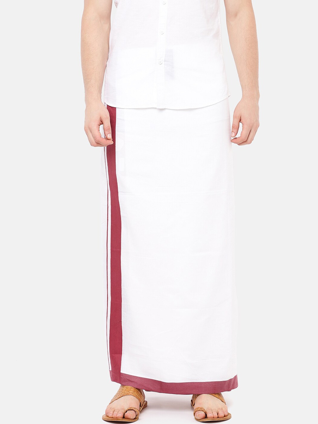 

Ramraj Men White Pure Cotton Double Layer Dhoti With Fancy Spl Maroon Border