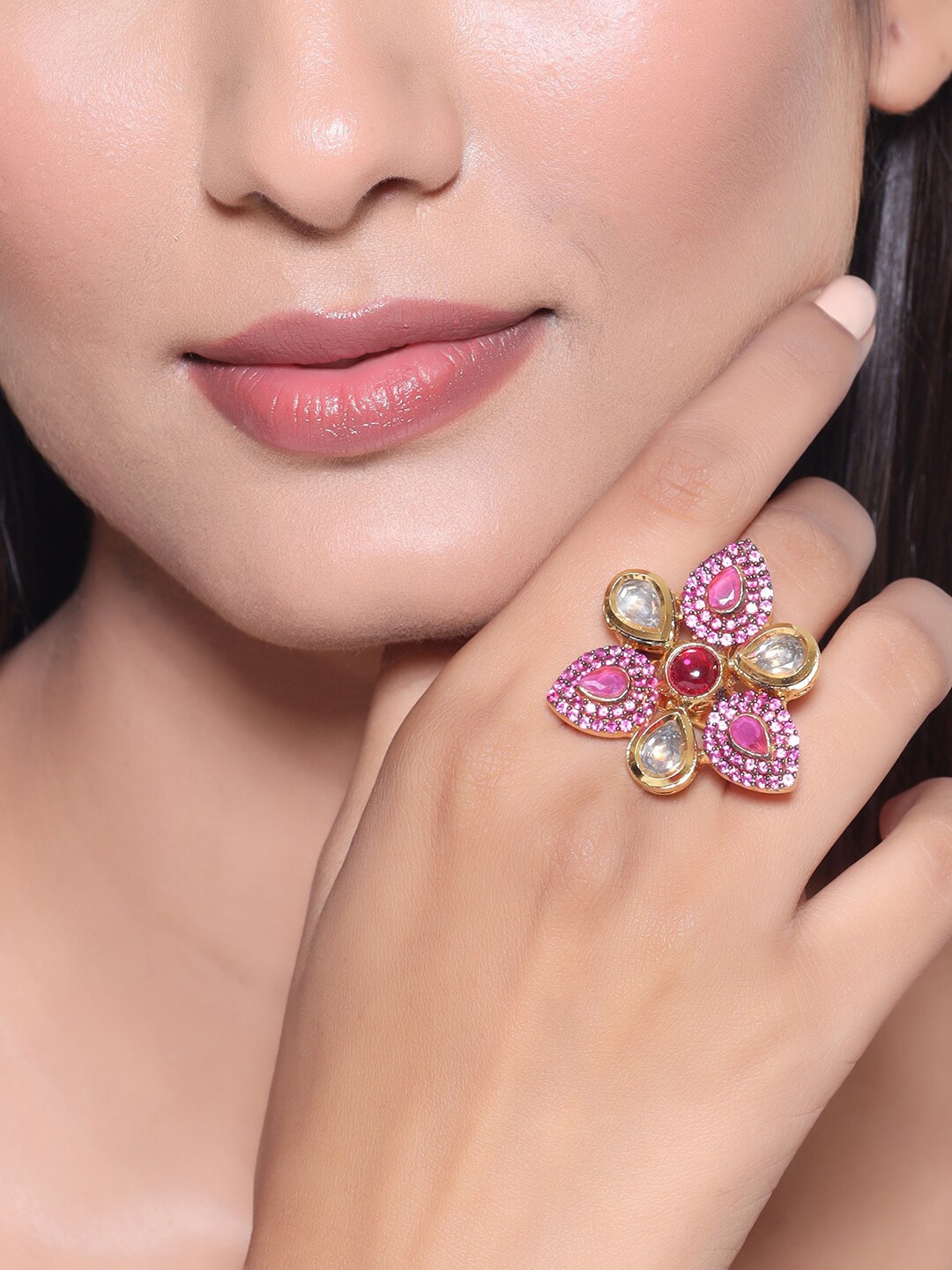 

Tistabene Gold-Plated Pink & White Kundan & AD-Studded Handcrafted Finger Ring