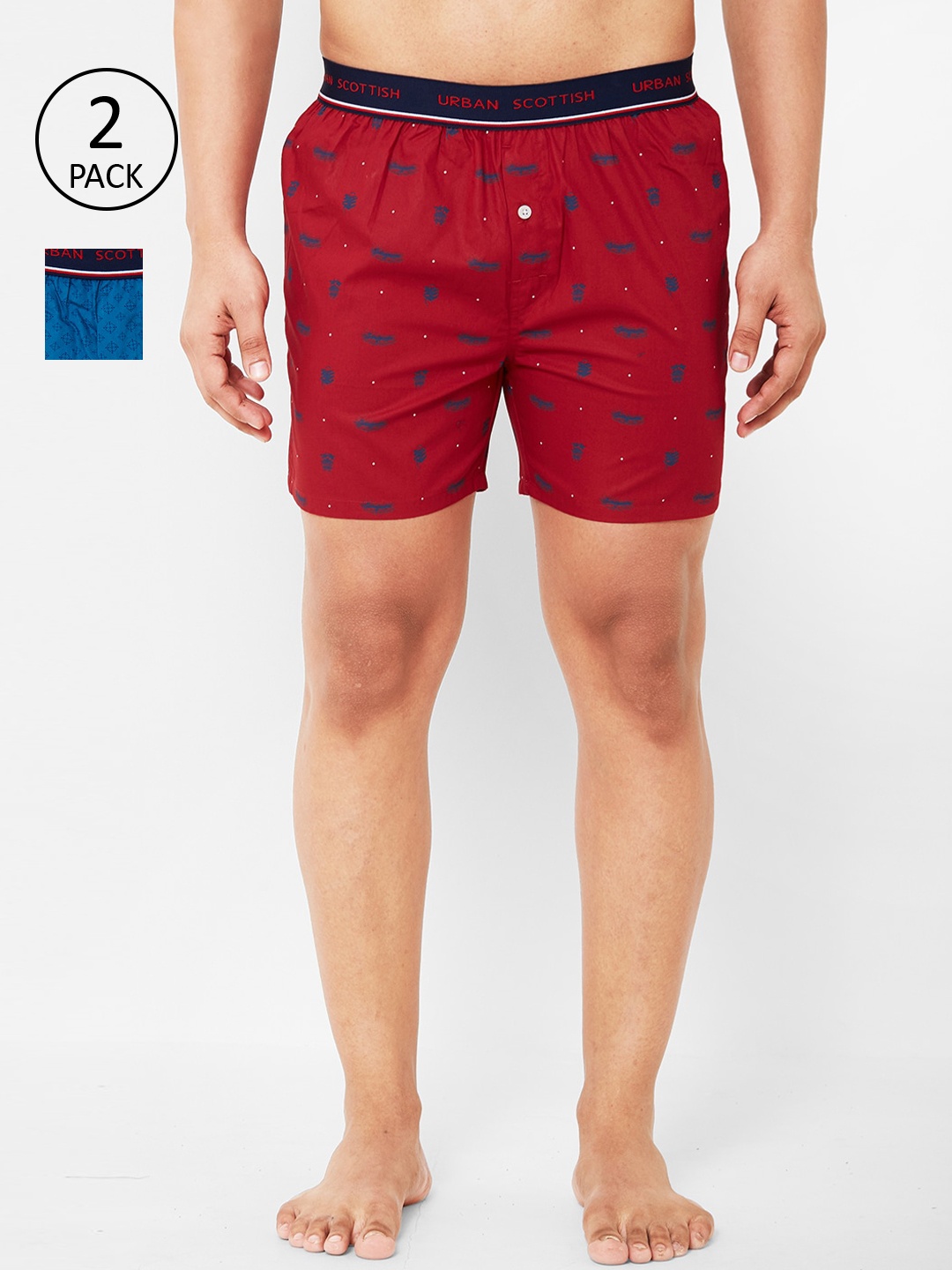 

URBAN SCOTTISH Men Pack of 2 Printed Pure Cotton Boxers, Red