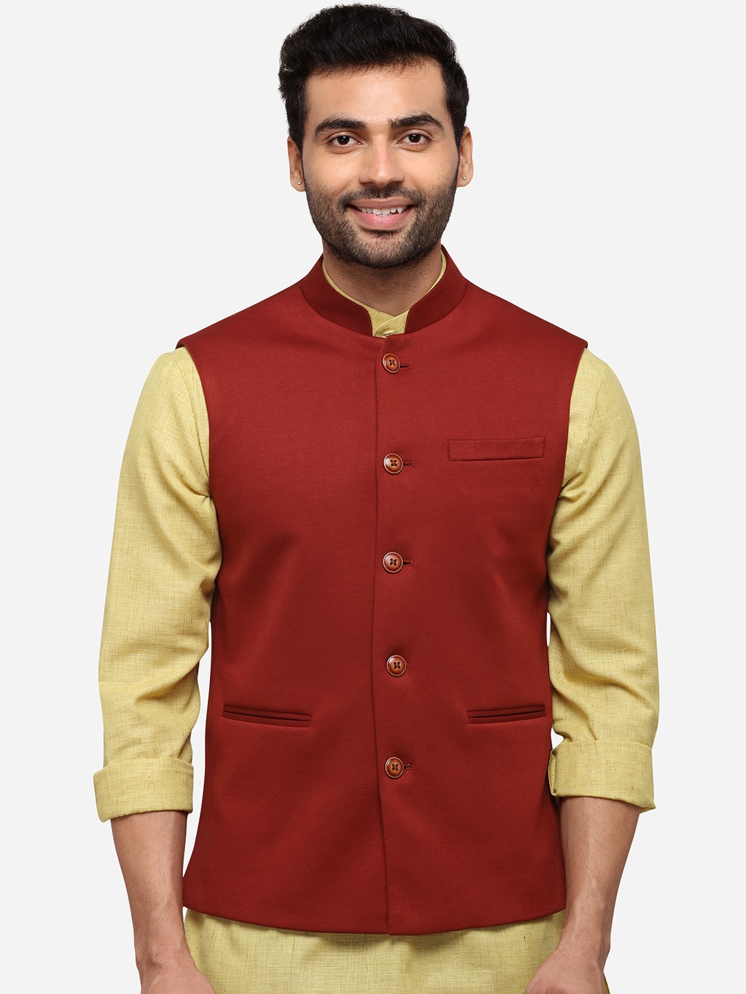 

JB STUDIO Men Rust Red Solid Corduroy Nehru Jacket