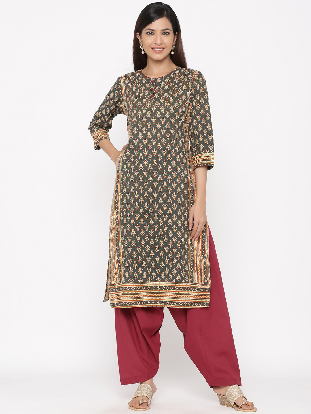 

Jaipur Kurti Women Charcoal Grey & Maroon Printed Kurta with Salwar & Dupatta