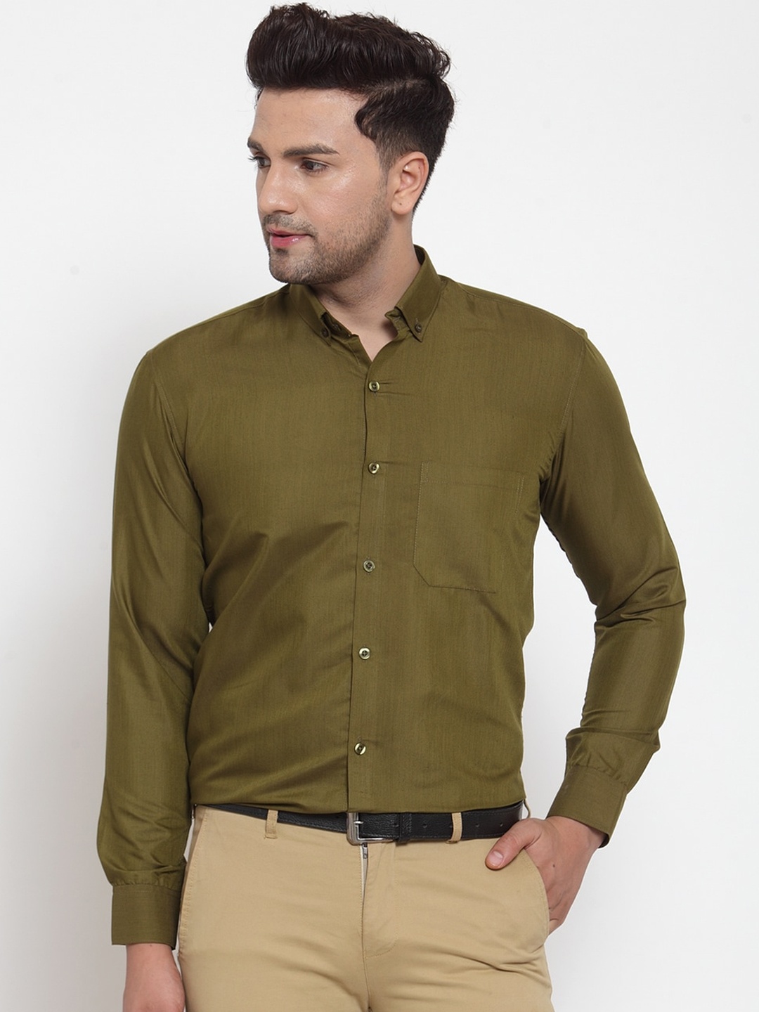 

JAINISH Men Olive Green Classic Regular Fit Solid Formal Shirt