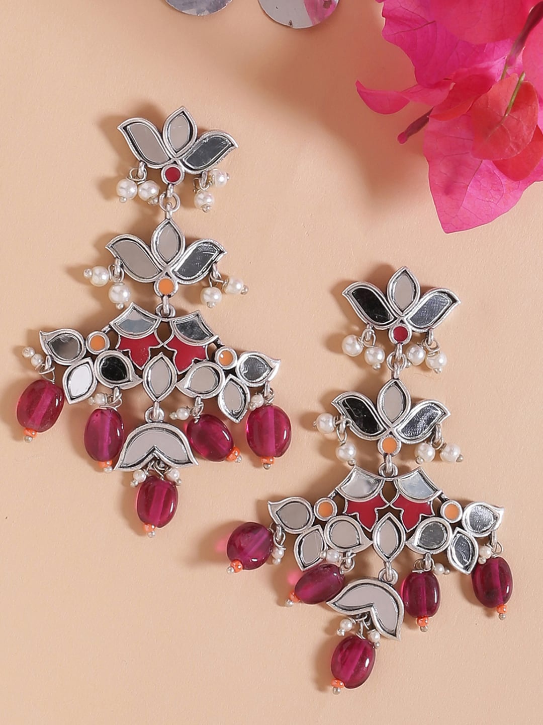 

Voylla Silver-Plated & Red Floral Drop Earrings