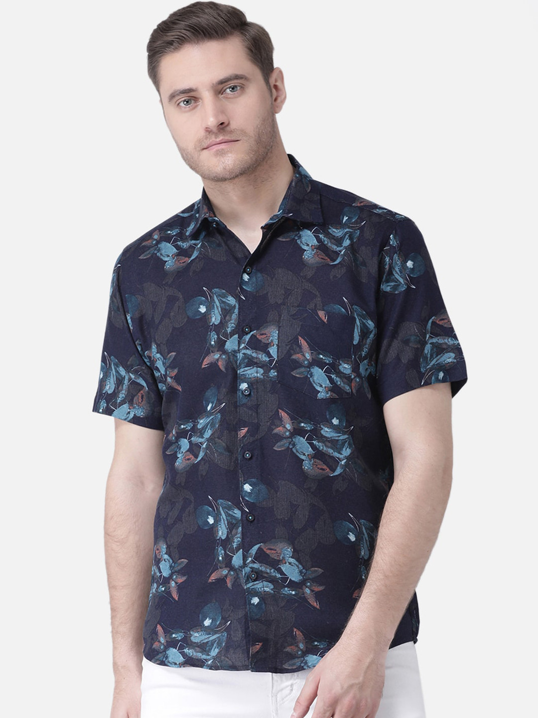 

Zeal Men Navy Blue Standard Regular Fit Floral Printed Casual Shirt