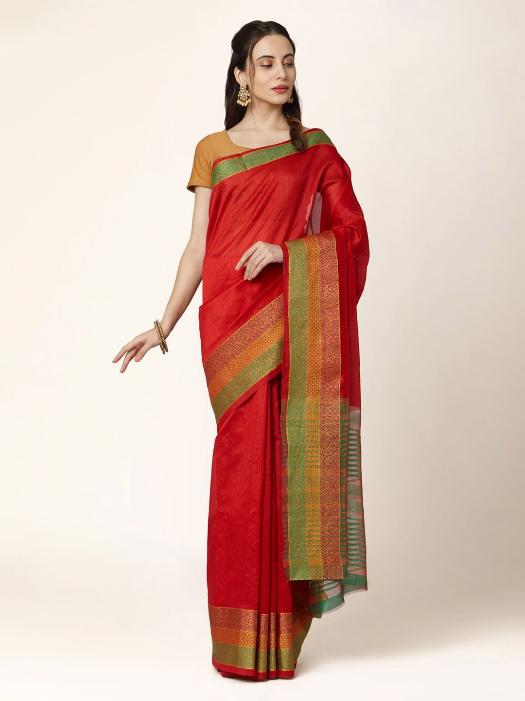 

KALINI Red & Green Silk Blend Solid Saree