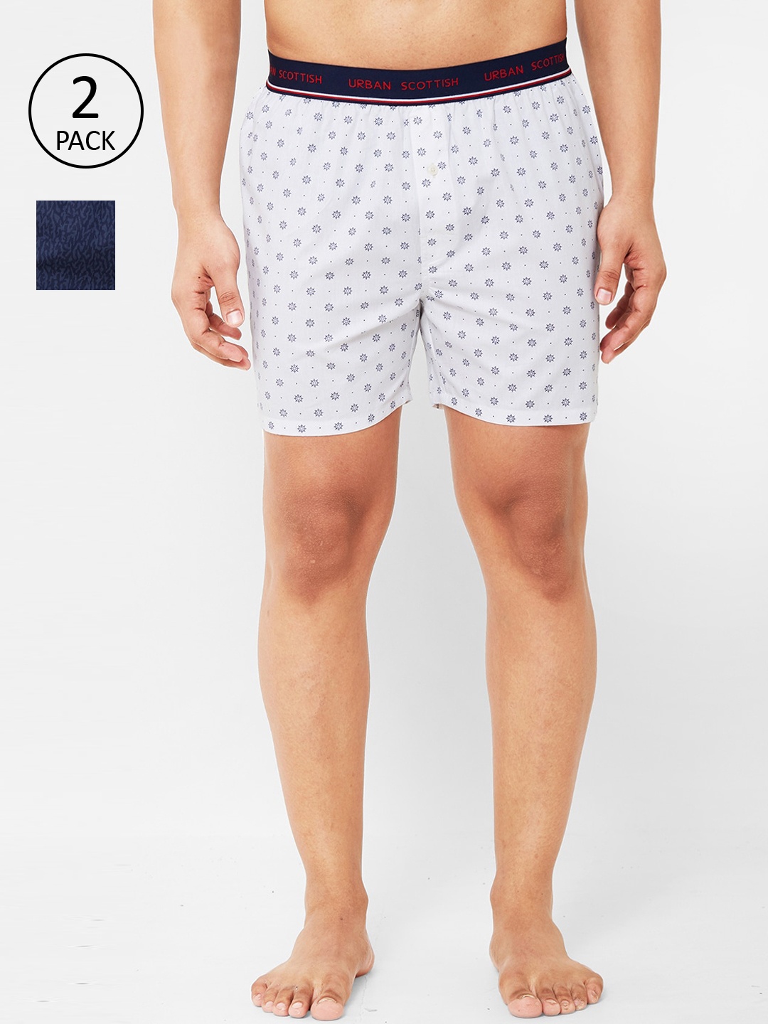

URBAN SCOTTISH Men Pack of 2 Printed Pure Cotton Boxers, White