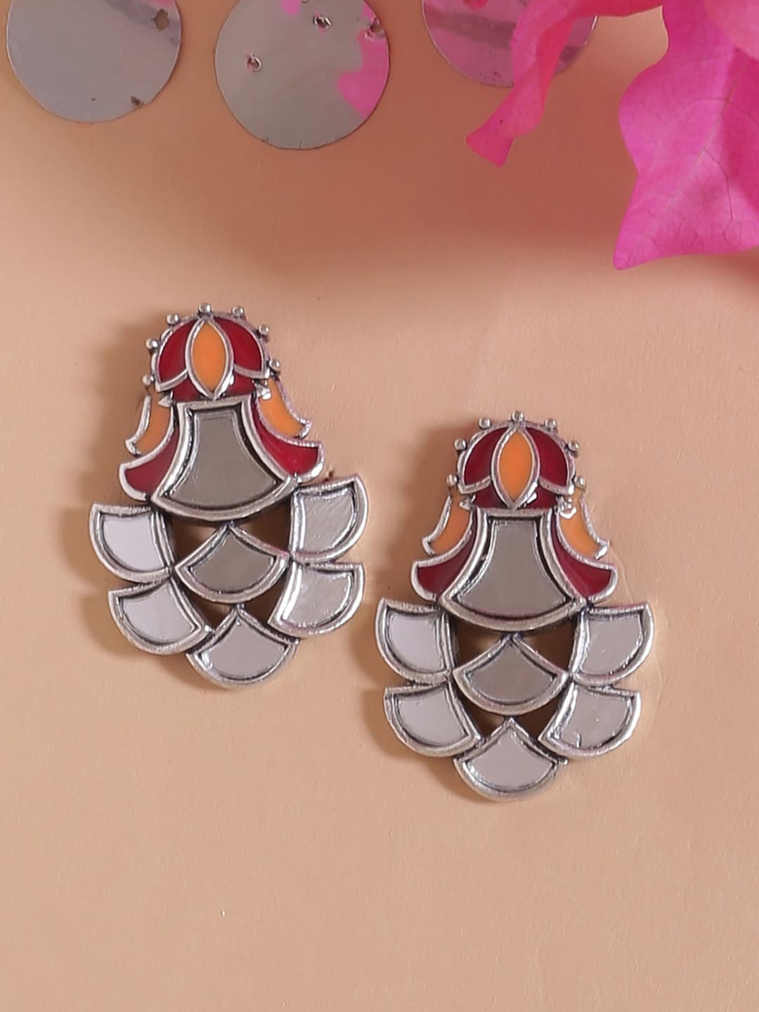 Voylla Silver-Plated & Red Mirror Floral Drop Earrings
